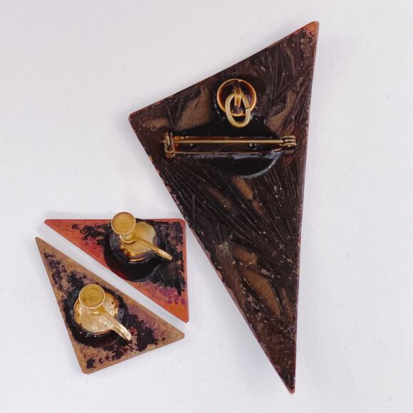 VTG MCM Enamel Copper Brooch & Earrings Set Modernist Geometric Black White - Picture 9 of 11
